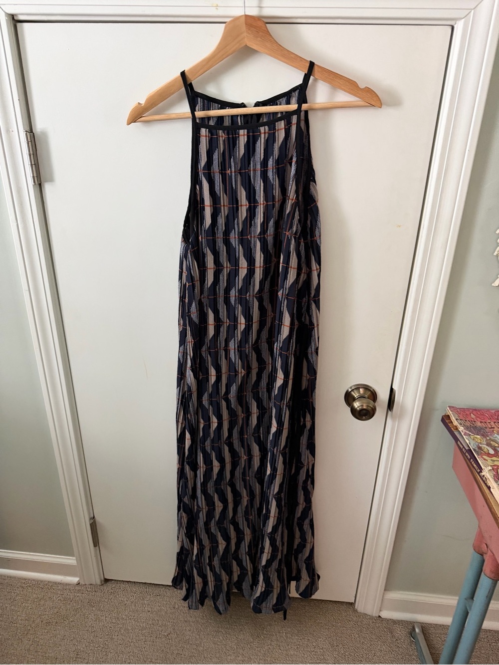Navy and Cream Geometric Halter Maxi Dress